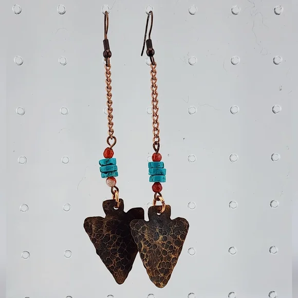 TURQUOISE & CARNELIAN HANDMADE EARRINGS BOHEMIAN CHIC STYLE 2.5" - Picture 6 of 6